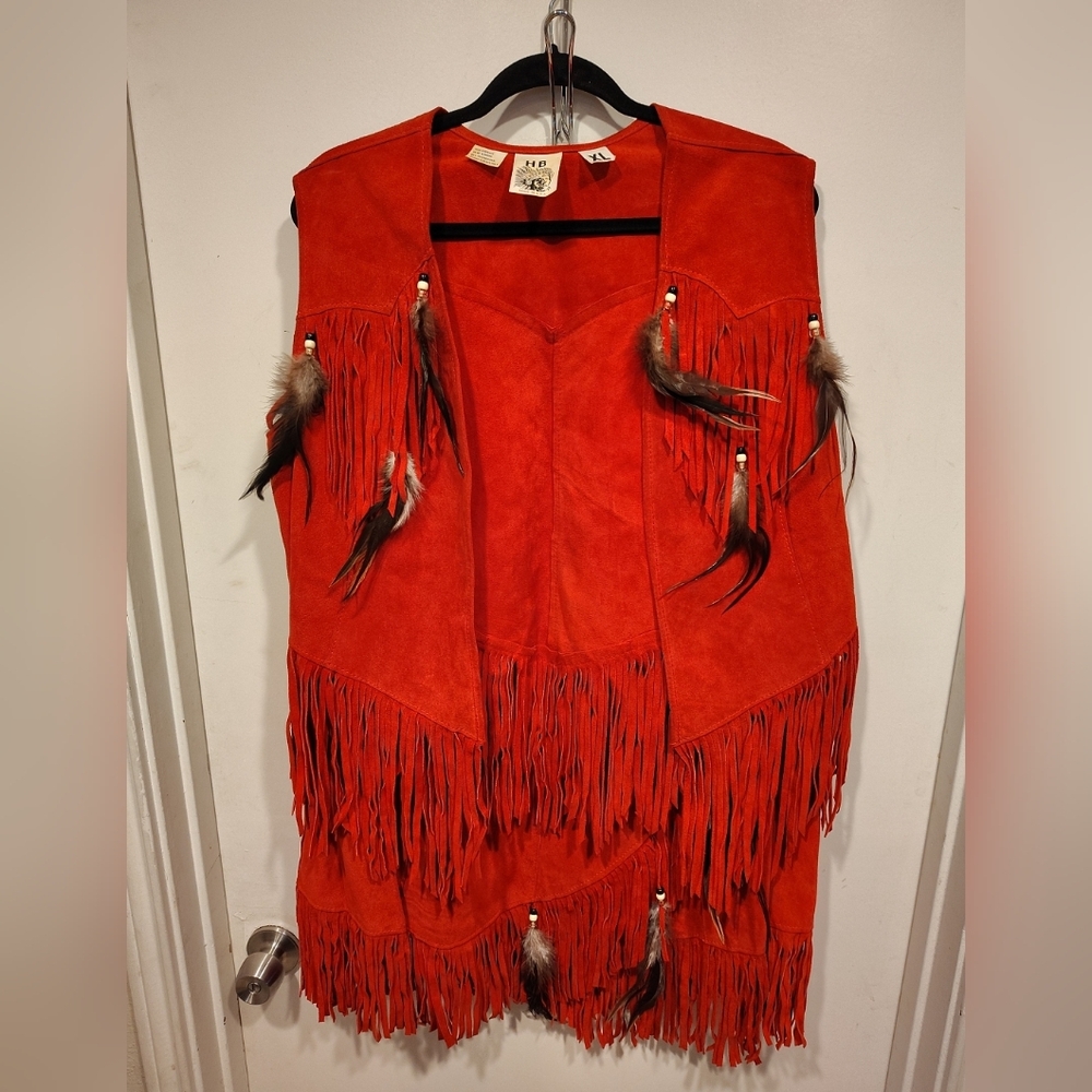 HB USA Made Red Suede Leather Native American Indian Fringe Vest & Wrap Skirt XL